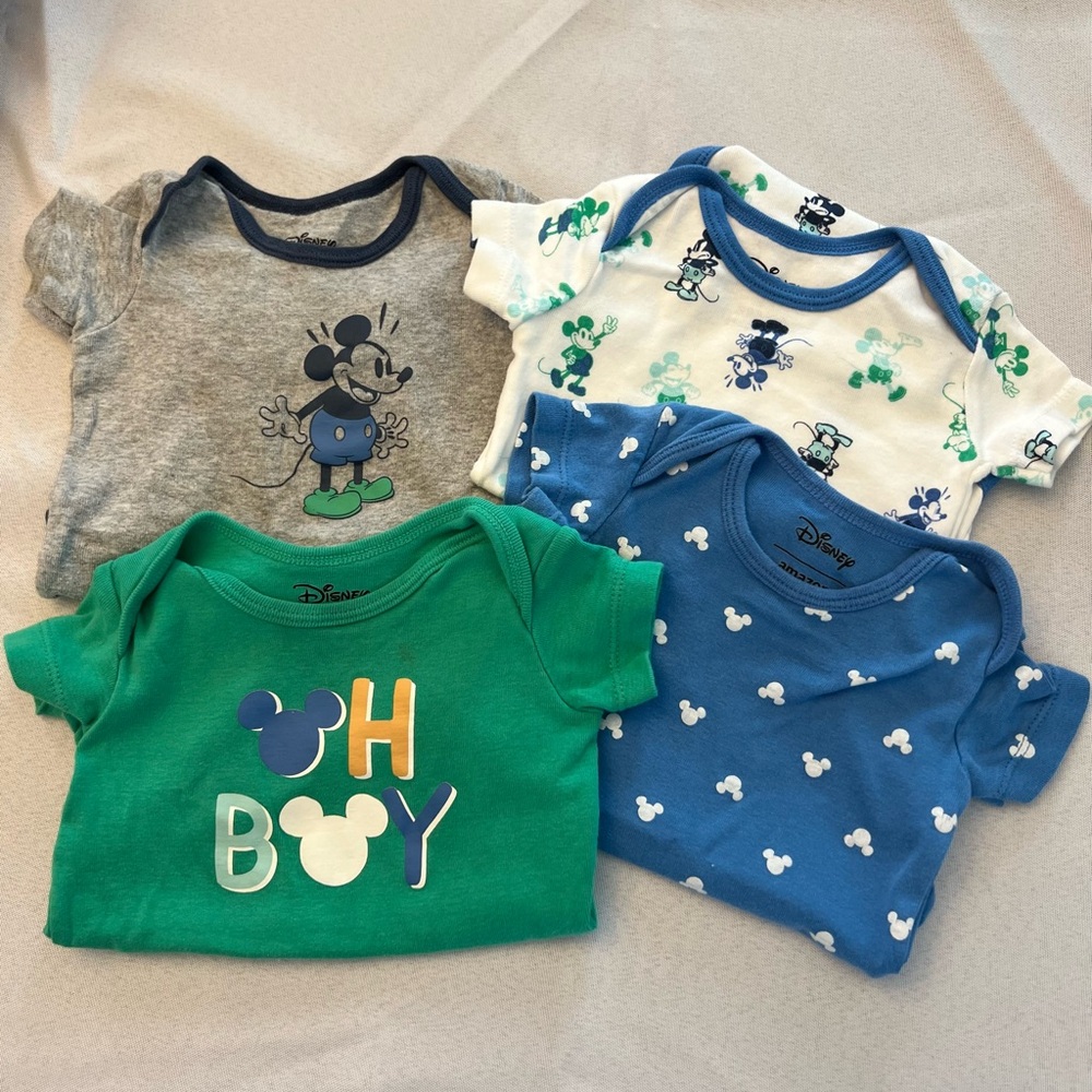 Set of 4 Disney onesies. Amazon Essentials. Sz 6m